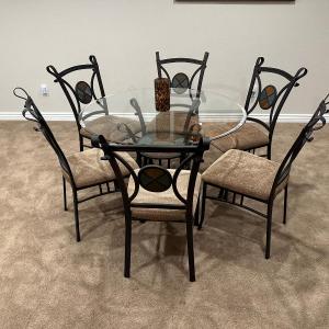 Photo of ROUND GLASS TOP, METAL BASE DINETTE SET W/SLATE INLAYS