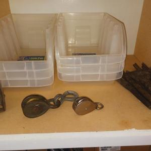 Photo of OLD PULLEYS, STACKING BINS, CHISELS AND AWLS