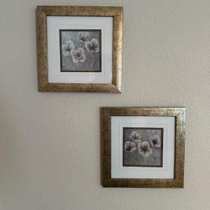 Photo of 2 GOLD FRAMED FLORAL PICTURES AND A CLAY WALL POCKET