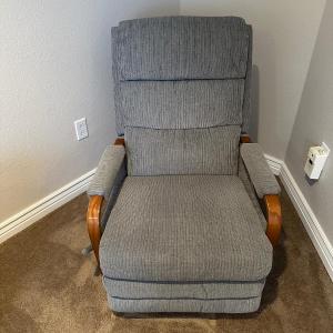 Photo of STEEL BLUE RECLINER WITH WOOD ACCENTS