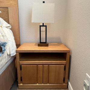 Photo of SOLID WOOD NIGHT STAND WITH CABINET PLUS METAL BASE LAMP W/OUTLETS