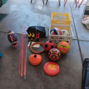 Photo of SPORTS BALLS, YARD RING TOSS AND 2 MILK CRATES