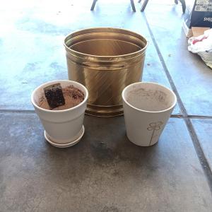 Photo of 2 CLAY FLOWER POTS AND 1 LARGE BRASS PLANTER