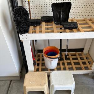 Photo of SMALL SNOW SHOVEL, FLOOR DUSTER, SNOW SHOVELS, 2 STEP STOOLS AND CLEANING BUCKET