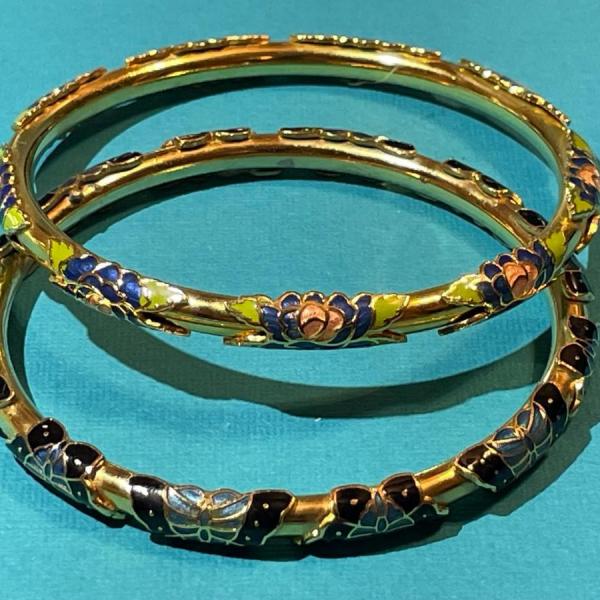 Photo of 2-Vintage Brass Bangle Bracelets w/Enameled Applications in VG Preowned Conditio