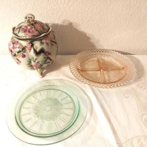 Photo of PINK AND GREEN DEPRESSION GLASS-PORCELIAN BOWL WITH LID