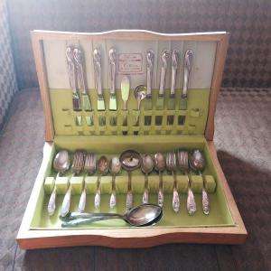 Photo of HOLMES & EDWARDS C0LLECTION EATING UTENSILS IN WOOD BOX