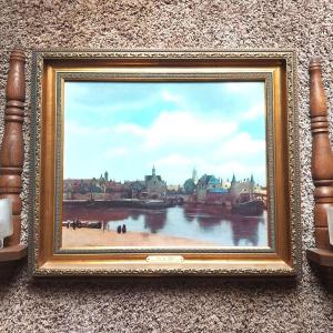 Photo of FRAMED PICTURE 'view of delft" AND TWO CANDLE SCONES