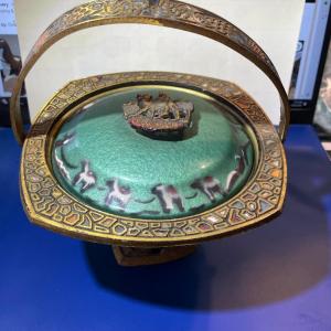 Photo of Vintage Judaica Enameled Mosaic Footed Metal Covered Bowl w/Jerusalem Handle App