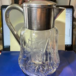 Photo of VINTAGE Cut Glass Silver Plate Wine Pitcher 9" Tall w/Ice Insert Cooler German M