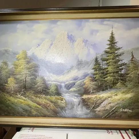 Photo of Large Mid-Century Oil/Acrylic on Canvas Landscape Scene Signed by PHILLIPS Frame