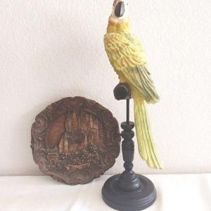 Photo of CARVED WOODEN PLATE AND WOODEN PARROT