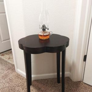 Photo of WOODEN SIDE TABLE AND OIL LAMP