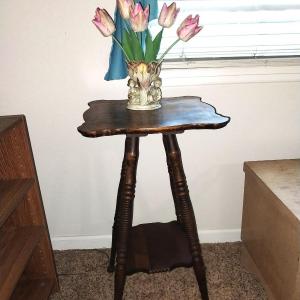 Photo of WOODEN PLANT STAND AND VASE WITH TULIPS