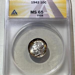 Photo of ANACS CERTIFIED 1942-P MS65 FULL SPLIT BANDS MERCURY DIME w/GOLDEN RIM TONNING A
