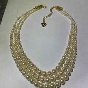 Photo of Vintage Signed Carolee Triple-Strand Graduated Lustrous Faux White Pearl w/Gold-