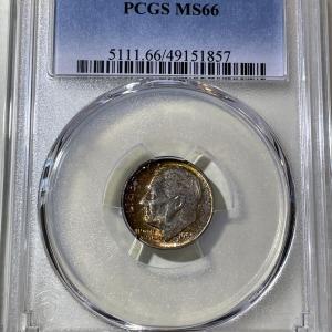 Photo of PCGS CERTIFIED 1955-S MS66 SUPERB TONED ROOSEVELT SILVER DIME AS PICTURED.