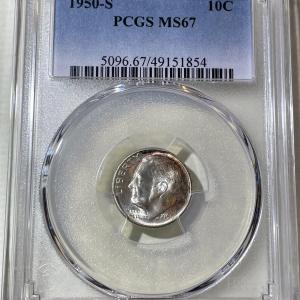 Photo of PCGS CERTIFIED 1950-S MS67 SUPERB TONED ROOSEVELT SILVER DIME AS PICTURED.
