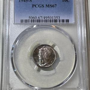 Photo of PCGS CERTIFIED 1945-S MS67 SUPERB TONED MERCURY SILVER DIME AS PICTURED.