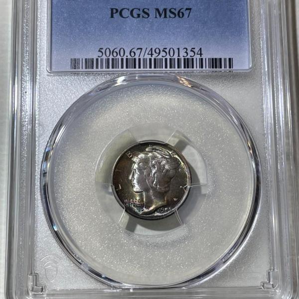 Photo of PCGS CERTIFIED 1945-S MS67 SUPERB TONED MERCURY SILVER DIME AS PICTURED.