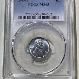 Photo of PCGS CERTIFIED 1943-S MS65 LINCOLN WARTIME CENT AS PICTURED.