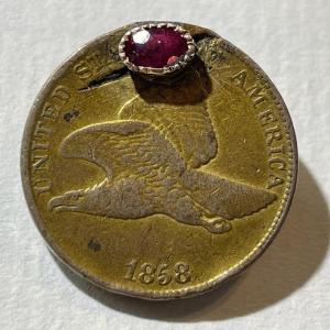 Photo of ANTIQUE CIVIL WAR/WWI ERA 1858 FLYING EAGLE CENT LAPEL PIN w/REAL RUBY STONE MOU