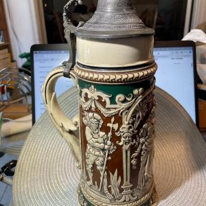 Photo of Vintage Mid-Century German Beer Stein 12.5" Tall w/2 Hairline Cracks as Pictured