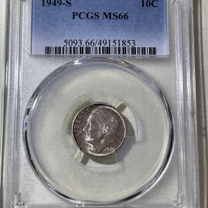 Photo of PCGS CERTIFIED 1949-S MS66 SUPERB TONED ROOSEVELT SILVER DIME AS PICTURED.