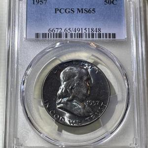 Photo of PCGS CERTIFIED 1957-P MS65 SUPERB TONED FRANKLIN SILVER HALF DOLLAR AS PICTURED.