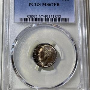 Photo of PCGS CERTIFIED 1949-D MS67 FULL BAND SUPERB TONED ROOSEVELT SILVER DIME AS PICTU