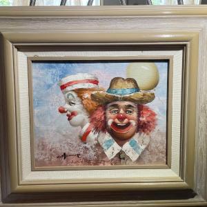 Photo of Nice Vintage Oil on Board Painting by William Moninet of Clowns Frame Size 15" x