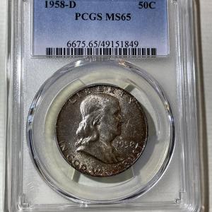 Photo of PCGS CERTIFIED 1958-D MS65 SUPERB TONED FRANKLIN SILVER HALF DOLLAR AS PICTURED.