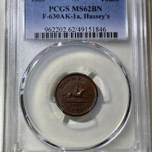 Photo of PCGS Certified Scarce 1863 Token F-630AK-1a, Hussey's NY Token, MS62 Brown Nice 