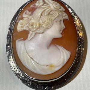 Photo of Ornate Antique Victorian 10K White Gold Carved Shell Cameo Pin 1.25" x 1.50" in 