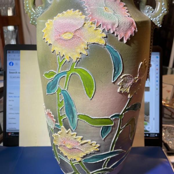 Photo of Antique Early 1900's Earthenware NIPPON Hand Painted Unmarked Base Vase 12.35" T