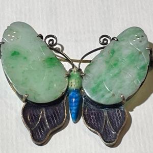 Photo of Vintage/Antique Scarce Silver Enameled Curved Jade/Jadeite Butterfly Brooch/Pin 