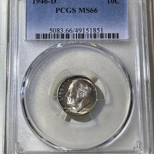 Photo of PCGS CERTIFIED 1946-D MS66 SUPERB TONED ROOSEVELT SILVER DIME AS PICTURED.