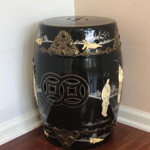 Photo of LOT 9G: Black Lacquered Drum Stool w/ Carved Accents