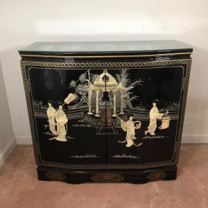 Photo of LOT 37L: Ornately Decorated Black Lacquered Slant Front Cabinet w/ Glass Top