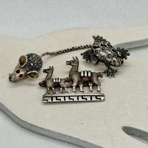 Photo of LOT 133: Marcasite (925) Mouse & Frog Pins along with an Antique Perusian Llamas