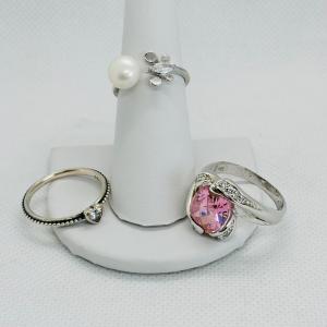 Photo of LOT 143: Faucet Pink Art Glass & CZ Cocktail Ring sz 10 - Pearl & CZ Open Ring s