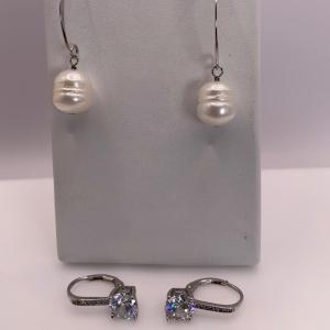 Photo of LOT171: Signed 925 Earrings with Pearl Dangles and Large C2 Earring with Diamond