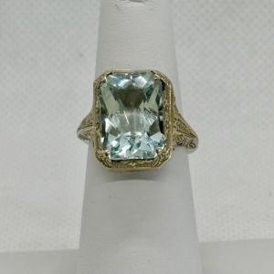 Photo of LOT 127: White Gold 18K Square Blue Aqua Glass Stone Cocktail Ring, Tw. 5.2g, sz