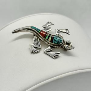 Photo of LOT 146: Vintage Zuni Native American Multi Color Inlay Lizard/Gecko Brooch - Tu