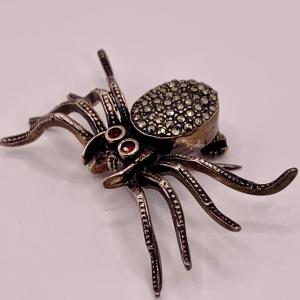 Photo of LOT:53: Vintage Spider Brooch 925 Sterling Silver Marcasites and Ruby Red Gensto