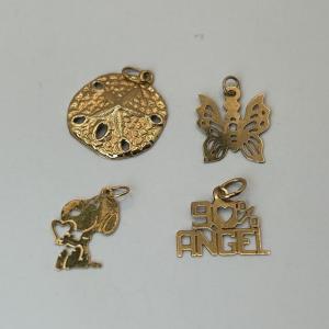 Photo of LOT 77: Four 14K Gold Charms, Tw. 1.2g: Snoop, Butterfly, Sand Dollar & 90% Ange
