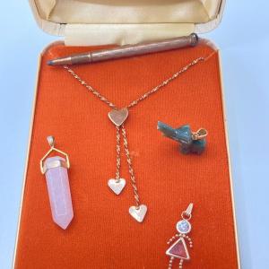 Photo of LOT 89: Gold Filled Heart Necklace, Rose Quartz Pendant, Vintage Retractable Pen