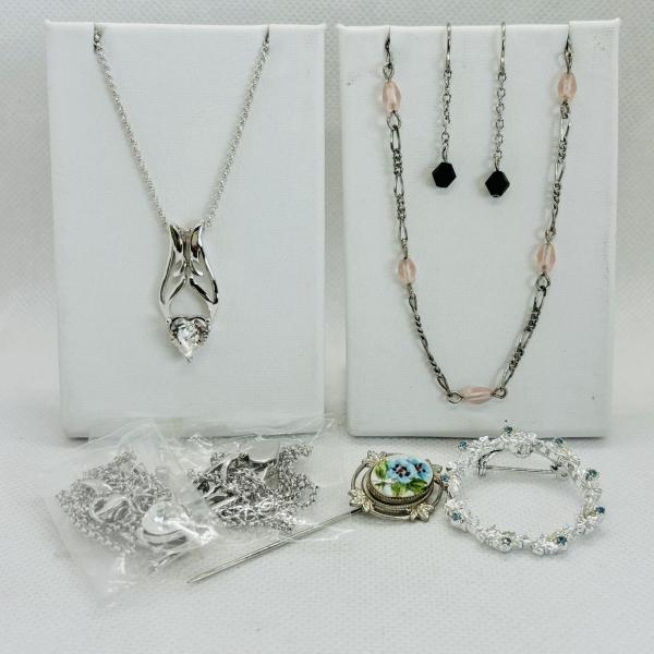 Photo of LOT 113: Silver Tone Collection Rhinestone Heart Necklace, Brooch, Stick Pin &n 