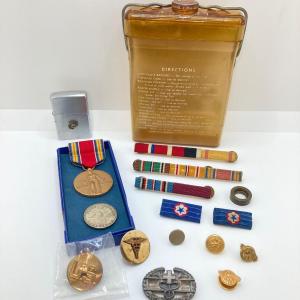 Photo of LOT 181: Vintage Rations Flask, Zippo Lighter, Military Memorabilia / Pins and M
