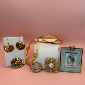Photo of LOT 55: Gold Tone Fashion Jewelry - Earrings, Bracelets, Pins & Frame